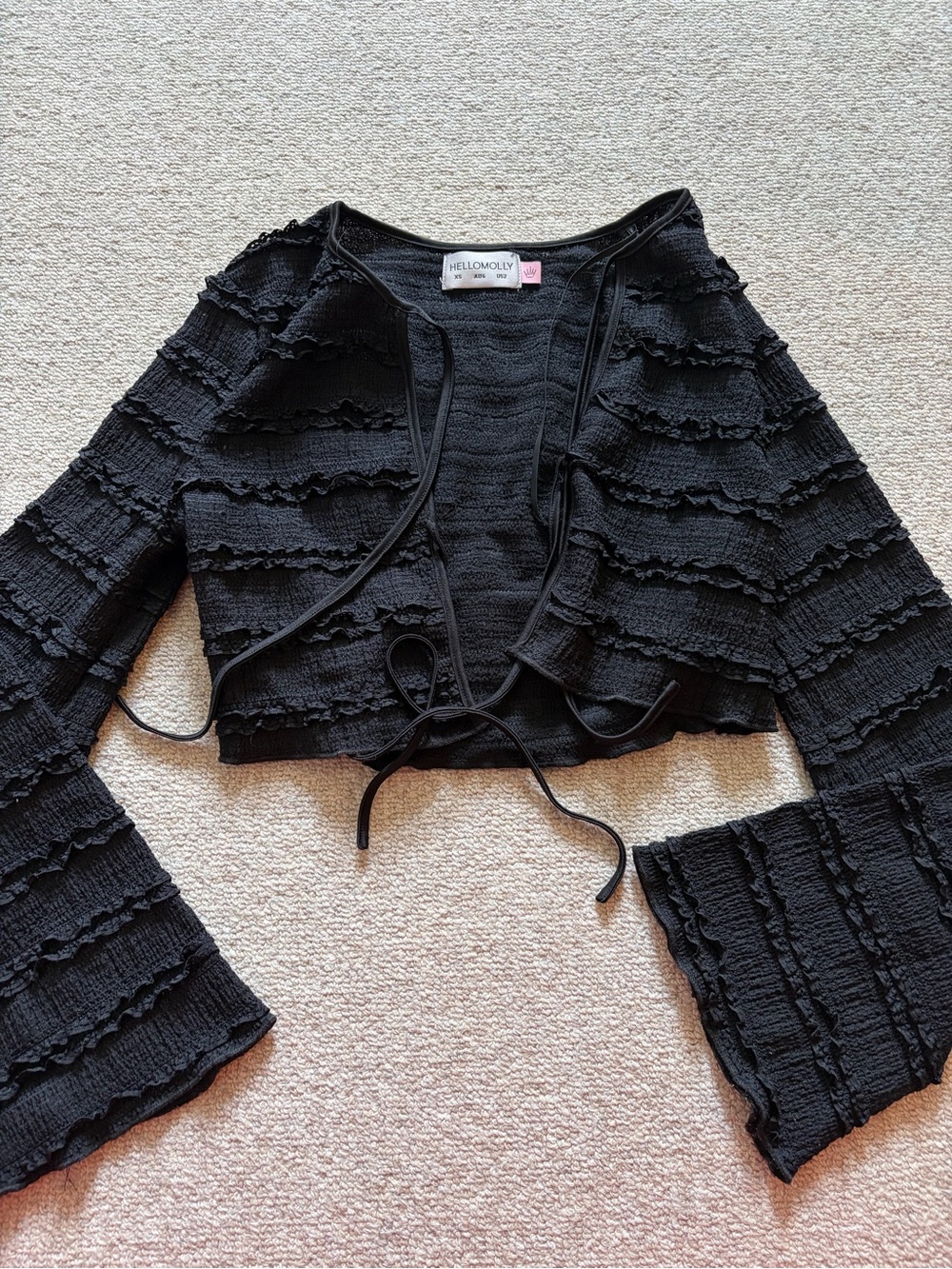 Hello Molly Black Ruffle Tie-Front Cropped Cardigan